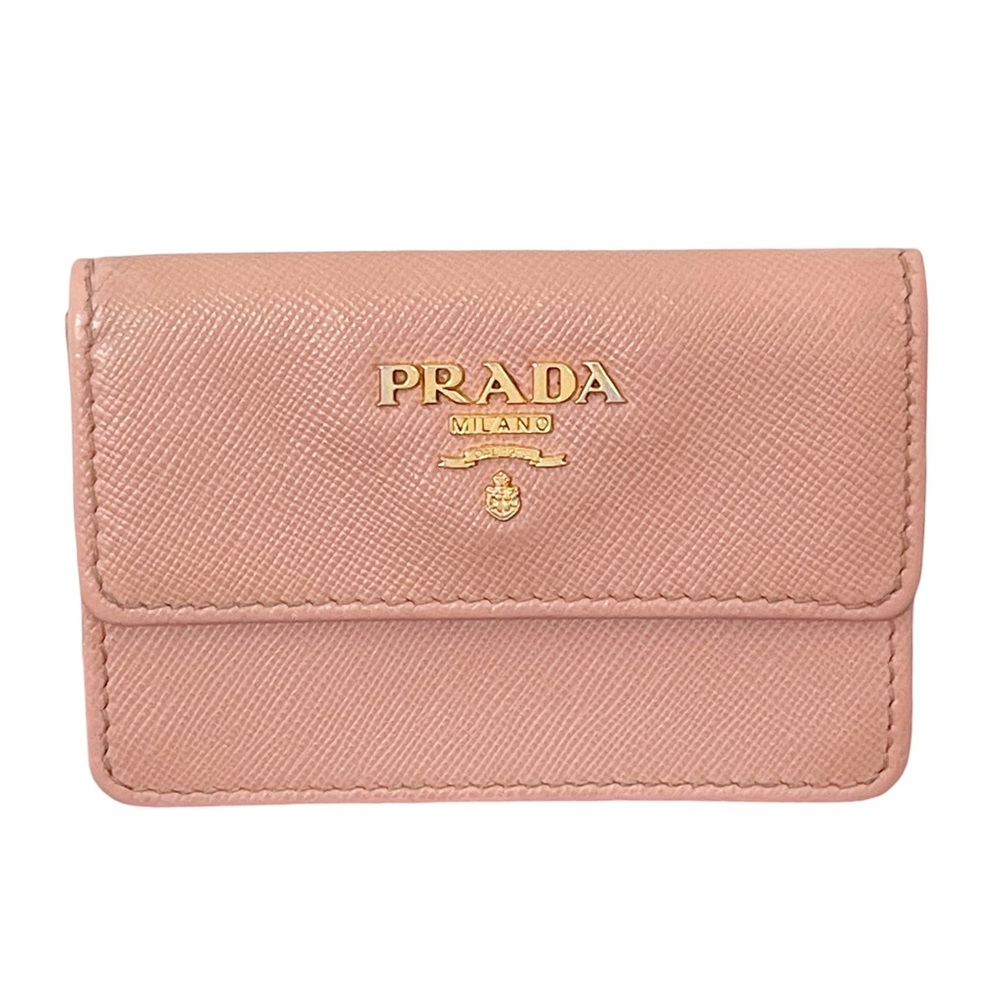 Prada pink saffiano leather gold logo card snap case wallet